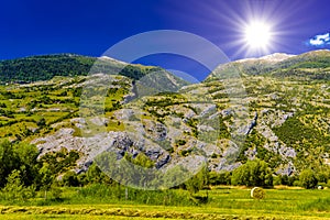 Fields and meadows with Swiss Alps mountains, Agarn, Leuk, Visp