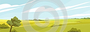 Fields panorama flat vector illustration. Beautiful countryside scenery, picturesque rural landscape, scenic view. Oak