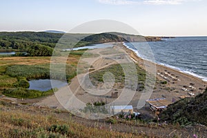 Fields, river and sea. Landscape over the Strandja Mountain at the mouth of the Veleka River.