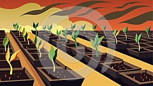 In the fields rows of empty seedling trays stood ast the old withered plants a stark contrast between the past failures photo