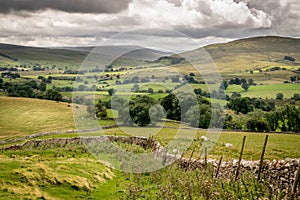 Fields and sheep on farm land in a valley with rain clouds