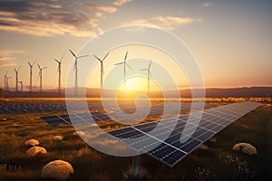 Fields with solar panels and wind turbines at sunset, showcasing the beauty of renewable energy. Ai generated