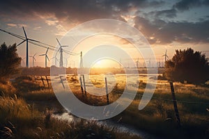 Fields with solar panels and wind turbines at sunset, showcasing the beauty of renewable energy. Ai generated