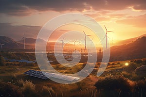 Fields with solar panels and wind turbines at sunset, showcasing the beauty of renewable energy. Ai generated