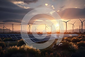 Fields with solar panels and wind turbines at sunset, showcasing the beauty of renewable energy. Ai generated