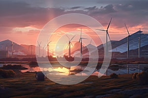 Fields with solar panels and wind turbines at sunset, showcasing the beauty of renewable energy. Ai generated