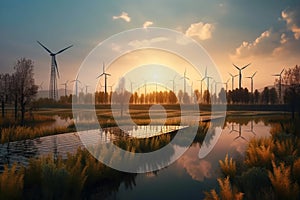 Fields with solar panels and wind turbines at sunset, showcasing the beauty of renewable energy. Ai generated