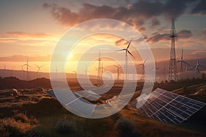 Fields with solar panels and wind turbines at sunset, showcasing the beauty of renewable energy. Ai generated