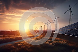 Fields with solar panels and wind turbines at sunset, showcasing the beauty of renewable energy. Ai generated