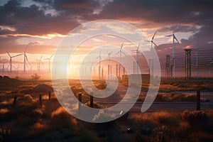 Fields with solar panels and wind turbines at sunset, showcasing the beauty of renewable energy. Ai generated