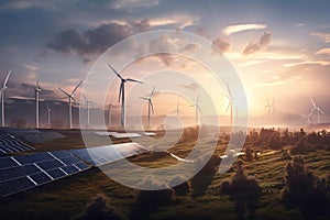 Fields with solar panels and wind turbines at sunset, showcasing the beauty of renewable energy. Ai generated