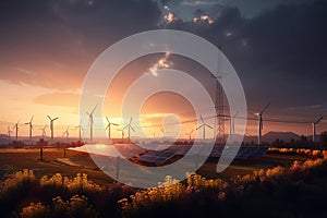 Fields with solar panels and wind turbines at sunset, showcasing the beauty of renewable energy. Ai generated