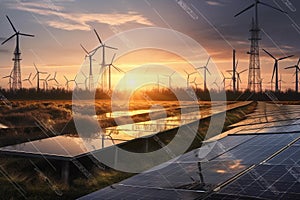 Fields with solar panels and wind turbines at sunset, showcasing the beauty of renewable energy. Ai generated