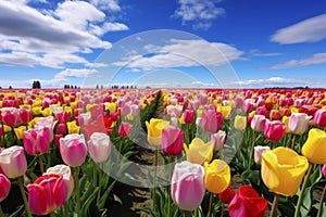 Fields of tulips of different colors. Generative AI