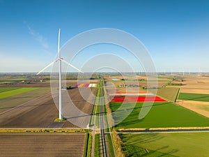 Fields and wind turbines. A wind generator on the field. View from drone. Green energy production.