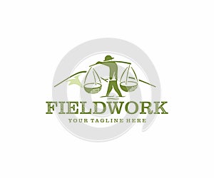 Fieldwork in countryside logo design. Farmer working in paddy field vector design photo
