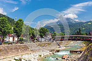 Fiera di Primiero, Pale di San Martino village with Dolomite peaks in Val di Primiero Noana of Trentino Alto-Adige, Italy in