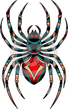 Striking traditional style spider illustration with bold graphic abdomen.
