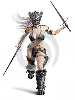 Fierce armed female barbarian warrior running into battle on an isolated white background.