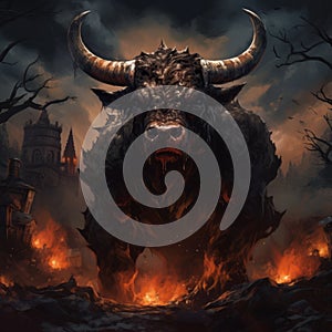 Fierce Bull In A Necropunk Forest: Dark Fantasy Artwork