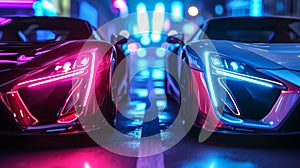 Fierce competition is captured in a startling closeup of two cars sidebyside their neon headlights shining like glinting photo