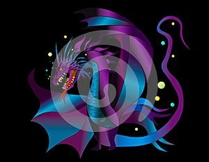 Fierce Dragon Graphic Shades of Purple and Blues Isolated on Black