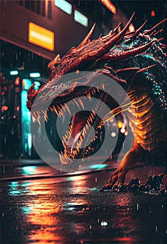 Fierce dragon roaring in a city at night photo