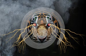 Fierce eyes of bengal tiger in deep jungle, AI generated photo