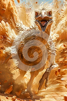 Fierce Fantasy Bird Sprinting Through Desert Storm with Explosive Speed and Grit