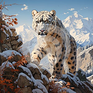 the fierce gaze and regal poise of a snow leopard, camouflaged among rocky mountain by AI generated