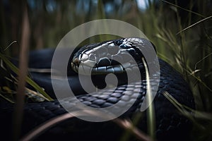 A fierce and intimidating Black Mamba slithering through the grass. Generative AI