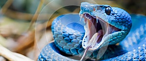 Fierce and Intimidating Blue Viper Snake with Open Mouth Exposing Venomous Fangs Representing the Primal Danger and Aggression of photo