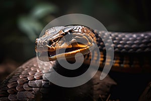 A fierce and intimidating King Cobra poised to strike, showing off its fierce and intimidating nature. Generative AI