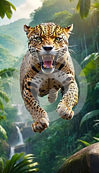 Fierce jaguar in action against jungle background. AI generated wildlife illustration