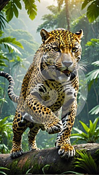 Fierce jaguar in action against jungle background. AI generated wildlife illustration