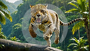 Fierce jaguar in action against jungle background. AI generated wildlife illustration