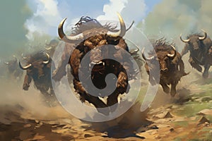 Fierce Minotaur myth illustration running battle. Generate Ai
