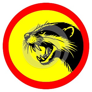 Fierce otters warning sign red yellow round background photo