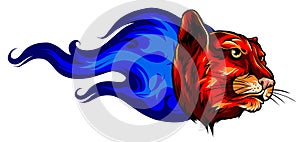 Fierce panther head among fire flames blazing leopard vector profile design