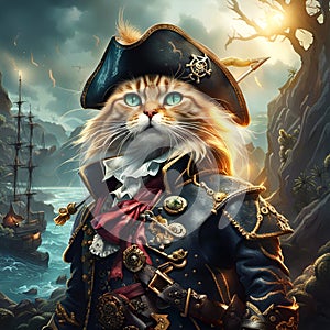 Fierce pirate cat wearing tricorn hat in a mysterial landscape. Amazing digital illustration. CG Artwork Background