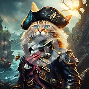 Fierce pirate cat wearing tricorn hat in a mysterial landscape. Amazing digital illustration. CG Artwork Background