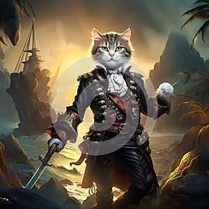 Fierce pirate cat wearing tricorn hat in a mysterial landscape. Amazing digital illustration. CG Artwork Background