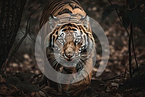 A fierce and powerful Bengal Tiger stalking its prey, showing off its fierce and powerful nature. Generative AI