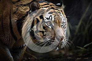 A fierce and powerful Bengal Tiger stalking its prey, showing off its fierce and powerful nature. Generative AI