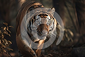 A fierce and powerful Bengal Tiger stalking its prey, showing off its fierce and powerful nature. Generative AI