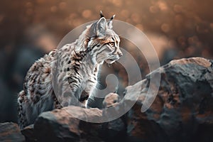 A fierce and predatory bobcat on a rocky ledge Generative AI