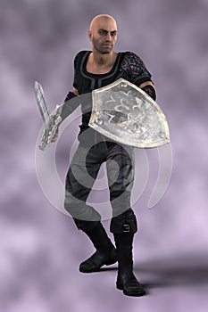 Fierce sexy male medieval style fantasy warrior holding a sword and shield