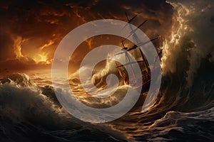 Fierce Ship fire in sea storm. Generate Ai
