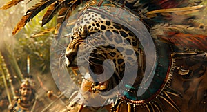 With a fierce snarl an Aztec jaguar warrior charges into battle his body adorned with elaborate body paint and feathers