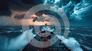 A fierce thunderstorm rages above a cargo ship its crew trying to maintain control as they navigate through rough waters